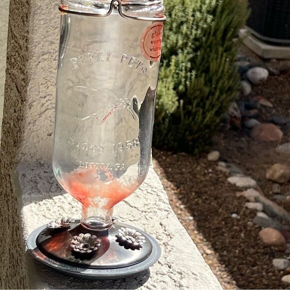 Vintage Perky Pet Elixir Bottle Hummingbird Feeder Garden Glass Bottle Metal - Picture 2 of 6